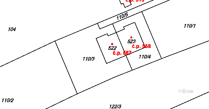 Lubina 567, Kopřivnice na parcele st. 522 v KÚ Drnholec nad Lubinou, Katastrální mapa