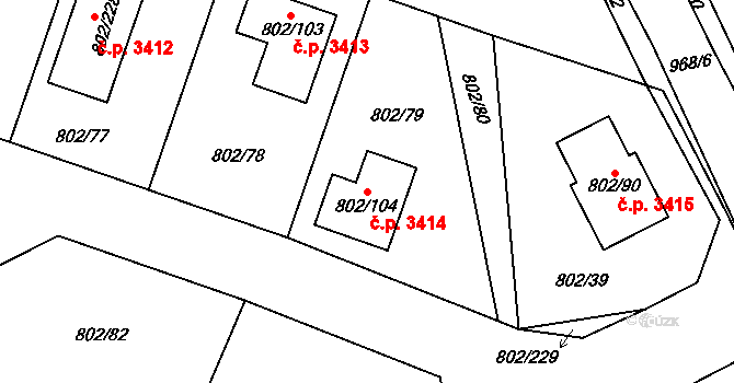 Milovice 3414 na parcele st. 802/104 v KÚ Milovice nad Labem, Katastrální mapa