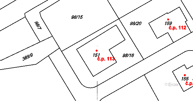 Šimonovice 113 na parcele st. 151 v KÚ Šimonovice, Katastrální mapa