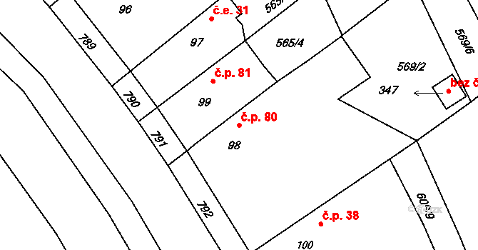 Příchovice 80 na parcele st. 98 v KÚ Příchovice u Přeštic, Katastrální mapa