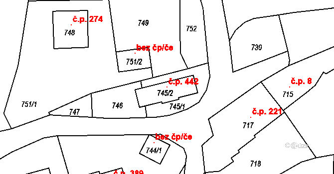 Samotišky 442 na parcele st. 745/2 v KÚ Samotíšky, Katastrální mapa