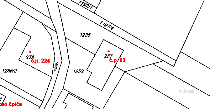 Guty 63, Třinec na parcele st. 283 v KÚ Guty, Katastrální mapa