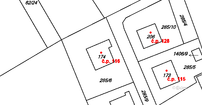Hybrálec 116 na parcele st. 174 v KÚ Hybrálec, Katastrální mapa