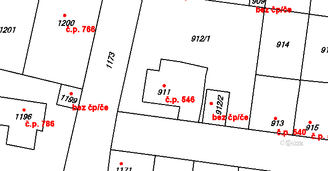 Švermov 546, Kladno na parcele st. 911 v KÚ Motyčín, Katastrální mapa