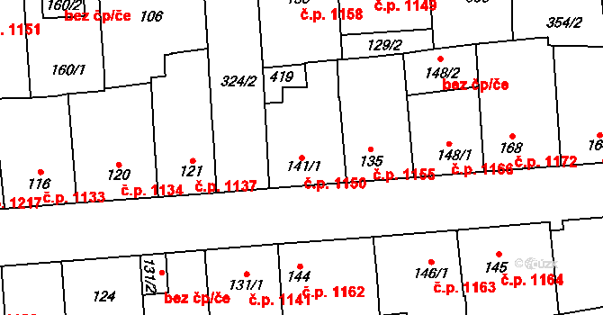 Švermov 1150, Kladno na parcele st. 141/1 v KÚ Hnidousy, Katastrální mapa