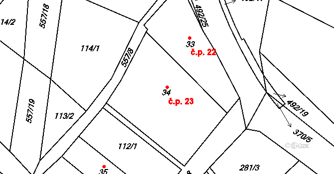 Třebovětice 23, Cerekvice nad Bystřicí na parcele st. 34 v KÚ Třebovětice, Katastrální mapa