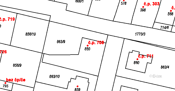 Libochovice 708 na parcele st. 850 v KÚ Libochovice, Katastrální mapa