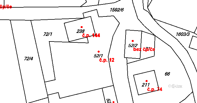 Kladeruby 12 na parcele st. 52/1 v KÚ Kladeruby, Katastrální mapa