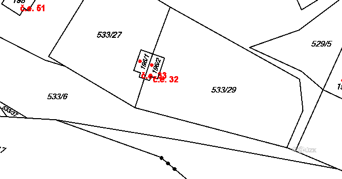 Hamr 32 na parcele st. 196/2 v KÚ Hamr, Katastrální mapa