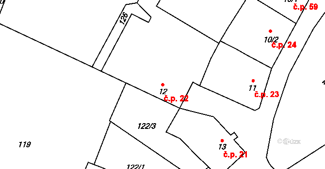 Stožice 22 na parcele st. 12 v KÚ Stožice, Katastrální mapa