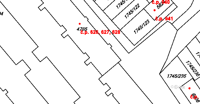 Nové Dvory 626,627,628, Třebíč na parcele st. 4785 v KÚ Třebíč, Katastrální mapa