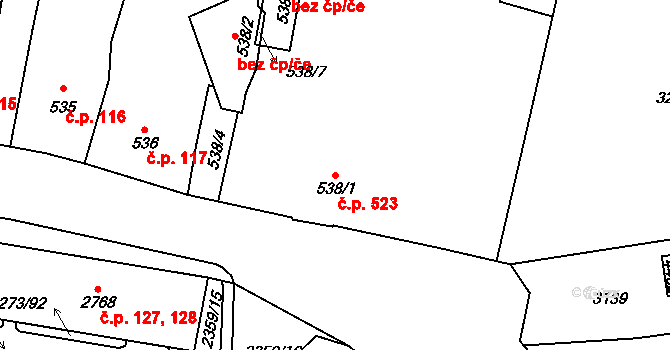 Cheb 523 na parcele st. 538/1 v KÚ Cheb, Katastrální mapa