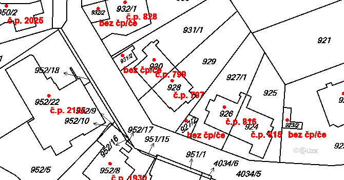 Modřany 797, Praha na parcele st. 928 v KÚ Modřany, Katastrální mapa