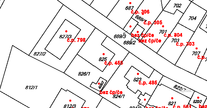 Ruzyně 455, Praha na parcele st. 825 v KÚ Ruzyně, Katastrální mapa