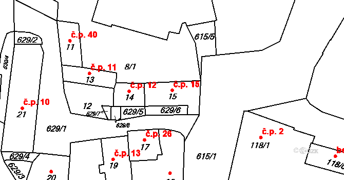 Veleslavín 15, Praha na parcele st. 15 v KÚ Veleslavín, Katastrální mapa