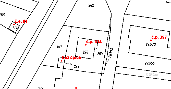 Opatovice 314 na parcele st. 278 v KÚ Opatovice u Rajhradu, Katastrální mapa