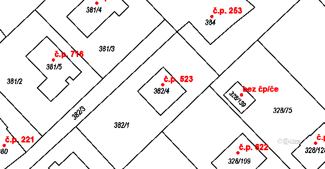 Krmelín 523 na parcele st. 382/4 v KÚ Krmelín, Katastrální mapa