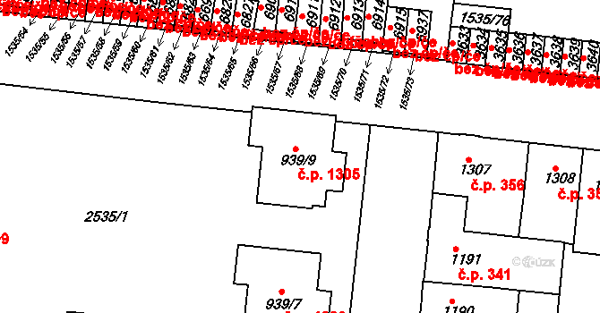 Horka-Domky 1305, Třebíč na parcele st. 939/9 v KÚ Třebíč, Katastrální mapa