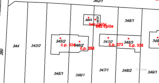 Přerov VI-Újezdec 288, Přerov na parcele st. 346/2 v KÚ Újezdec u Přerova, Katastrální mapa