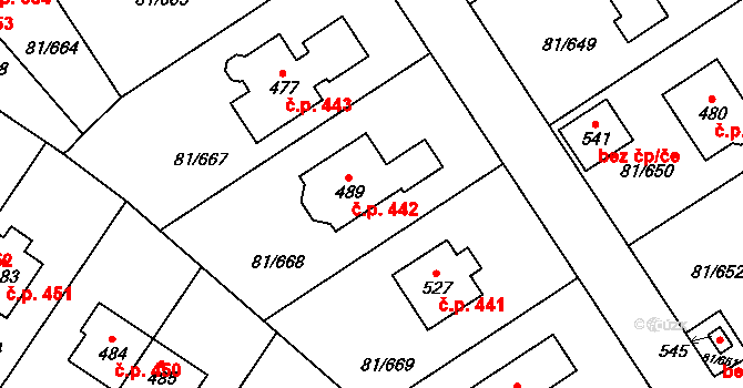 Nupaky 442 na parcele st. 489 v KÚ Nupaky, Katastrální mapa