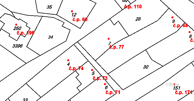 Vážany 77 na parcele st. 7 v KÚ Vážany u Vyškova, Katastrální mapa