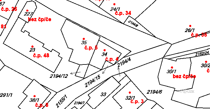 Řetechov 4, Luhačovice na parcele st. 34 v KÚ Řetechov, Katastrální mapa