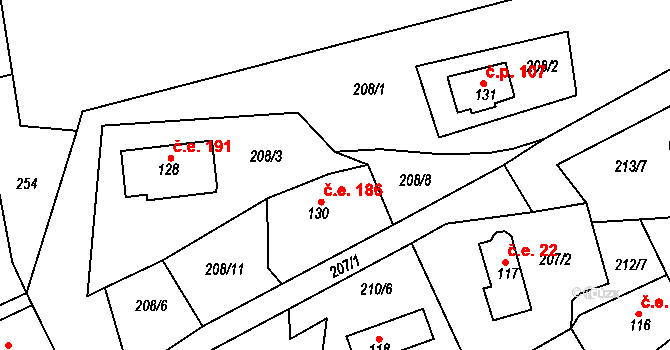 Telnice 186 na parcele st. 130 v KÚ Telnice, Katastrální mapa