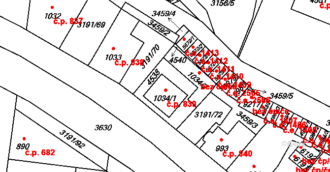 Zlín 839 na parcele st. 1034/1 v KÚ Zlín, Katastrální mapa