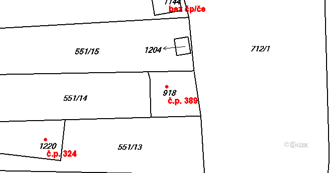 Broumov 389 na parcele st. 918 v KÚ Broumov, Katastrální mapa