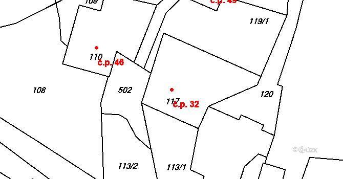 Vlásenice 32, Jistebnice na parcele st. 117 v KÚ Vlásenice u Makova, Katastrální mapa