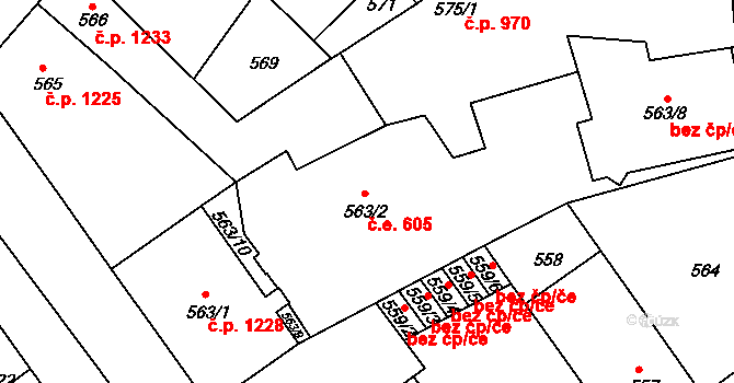 Trnovany 605, Teplice na parcele st. 563/2 v KÚ Teplice-Trnovany, Katastrální mapa