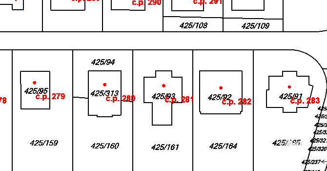 Kanice 281 na parcele st. 425/93 v KÚ Kanice, Katastrální mapa