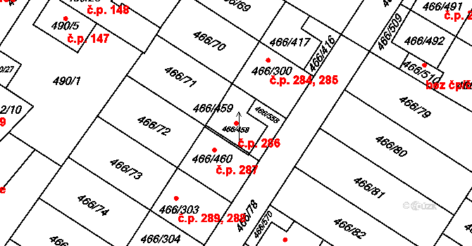Rebešovice 286 na parcele st. 466/458 v KÚ Rebešovice, Katastrální mapa
