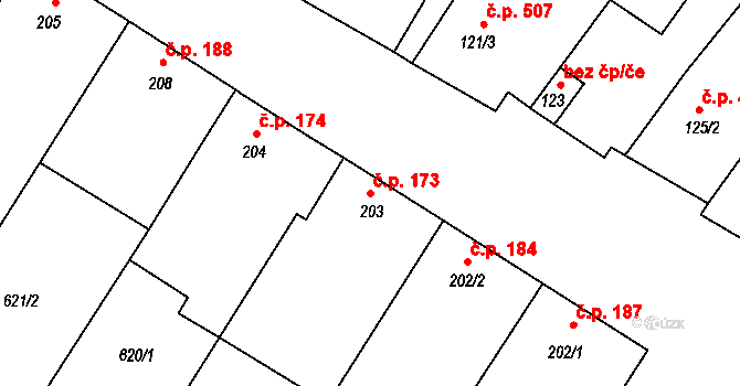 Šakvice 173 na parcele st. 203 v KÚ Šakvice, Katastrální mapa