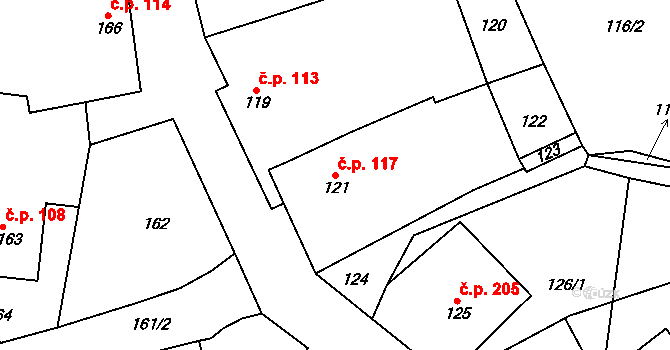 Velké Hostěrádky 117 na parcele st. 121 v KÚ Velké Hostěrádky, Katastrální mapa