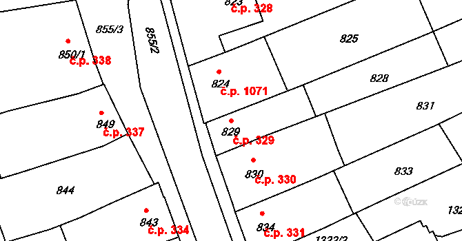 Holešov 329 na parcele st. 829 v KÚ Holešov, Katastrální mapa