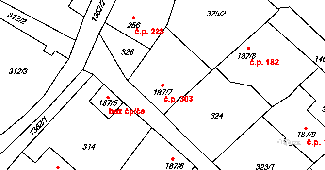 Vranov nad Dyjí 303 na parcele st. 187/7 v KÚ Vranov nad Dyjí, Katastrální mapa