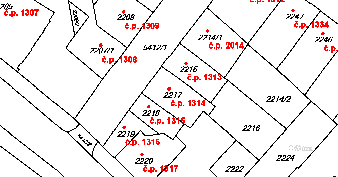 Znojmo 1314 na parcele st. 2217 v KÚ Znojmo-město, Katastrální mapa