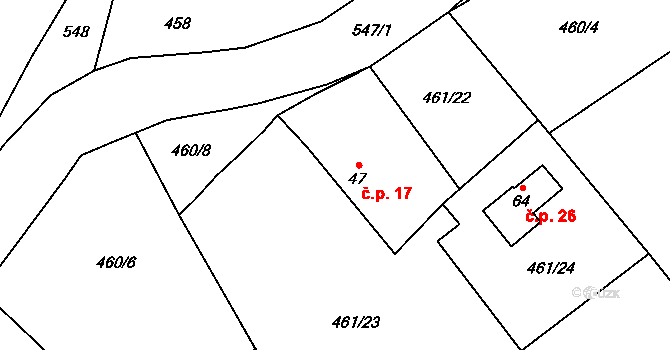 Radvančice 17, Zbraslavice na parcele st. 47 v KÚ Útěšenovice, Katastrální mapa