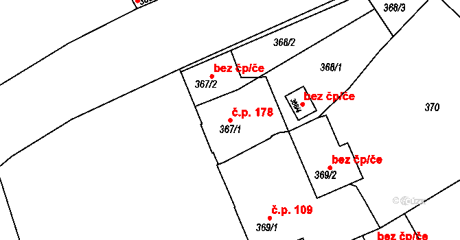 Zruč nad Sázavou 178 na parcele st. 367/1 v KÚ Zruč nad Sázavou, Katastrální mapa