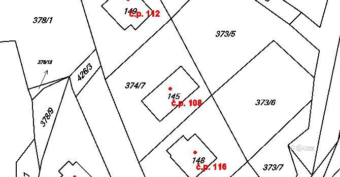Merklín 108 na parcele st. 145 v KÚ Merklín u Karlových Var, Katastrální mapa