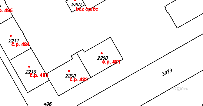 Lyžbice 481, Třinec na parcele st. 2208 v KÚ Lyžbice, Katastrální mapa