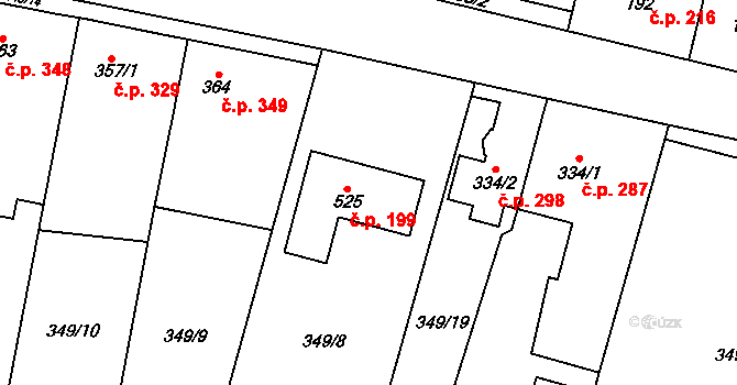 Rožďalovice 199 na parcele st. 525 v KÚ Rožďalovice, Katastrální mapa