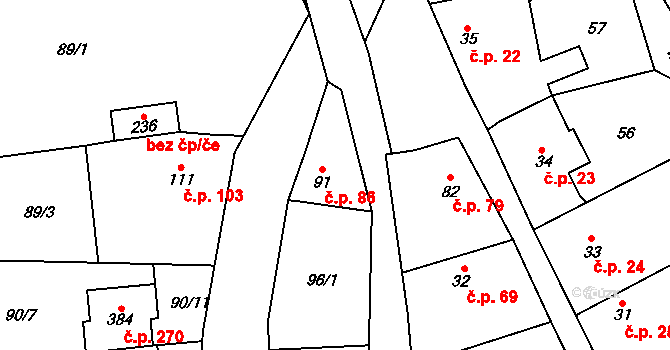 Sluhy 86 na parcele st. 91 v KÚ Sluhy, Katastrální mapa