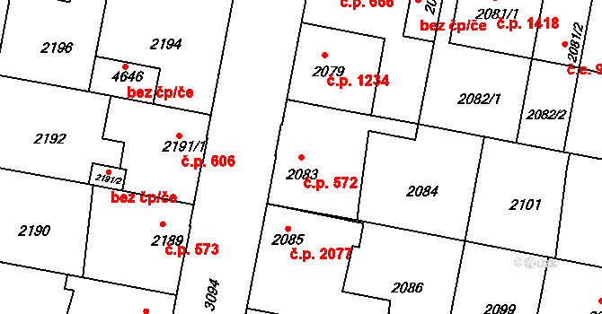 Čelákovice 572 na parcele st. 2083 v KÚ Čelákovice, Katastrální mapa
