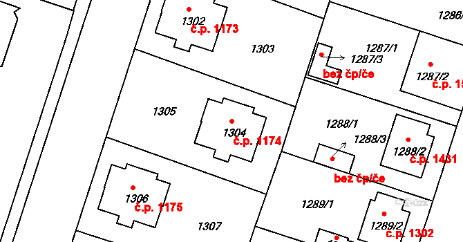 Čelákovice 1174 na parcele st. 1304 v KÚ Čelákovice, Katastrální mapa