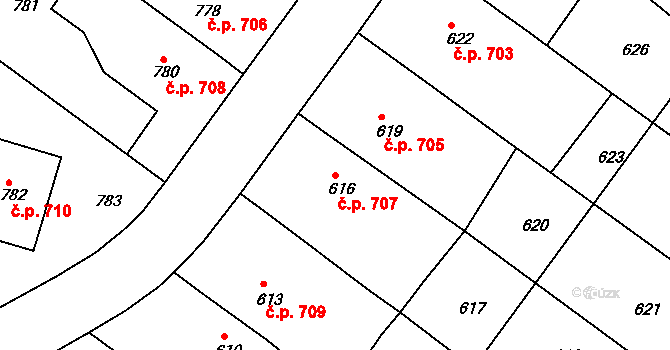 Ivanovice na Hané 707 na parcele st. 616 v KÚ Ivanovice na Hané, Katastrální mapa