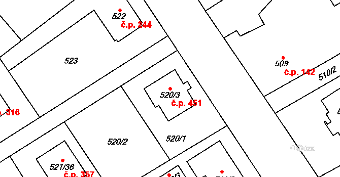 Krmelín 451 na parcele st. 520/3 v KÚ Krmelín, Katastrální mapa