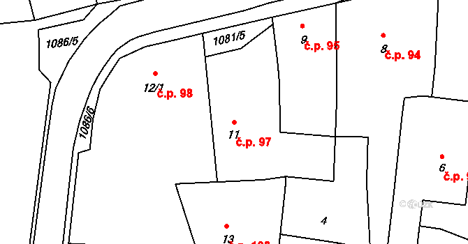 Prčice 97, Sedlec-Prčice na parcele st. 11 v KÚ Prčice, Katastrální mapa