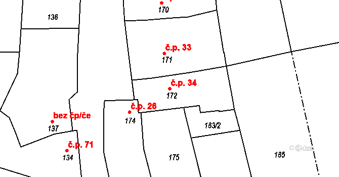 Medlov 34, Zborovice na parcele st. 172 v KÚ Medlov u Zborovic, Katastrální mapa